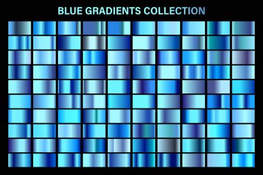 Mavi, masmavi parlak degrade, metal folyo doku. Renkli swatch seti. Yüksek kaliteli vektör gradyanlarının toplanması. Parlak metalik arka plan. Tasarım öğesi.