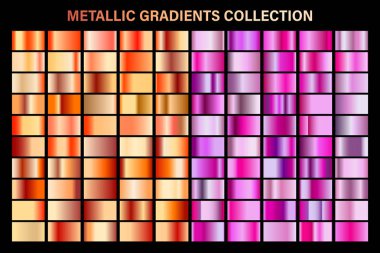 Pembe ve bronz, turuncu parlak degrade, metal folyo doku. Renkli swatch seti. Yüksek kaliteli vektör gradyanlarının toplanması. Parlak metalik arka plan. Tasarım öğesi.