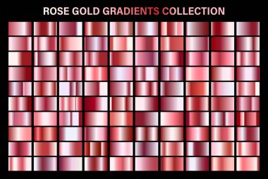 Gül altın parlak gradyan, metal folyo doku. Renkli swatch seti. Yüksek kaliteli vektör gradyanlarının toplanması. Parlak metalik arka plan. Tasarım öğesi.