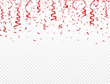 Noel, sevgililer günü kırmızı konfeti şeffaf arka planda kurdeleyle. Parlak bir parıltı düşüyor. Parti tasarım elementleri.