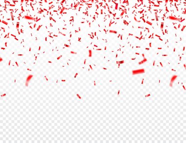 Noel, sevgililer günü şeffaf arka planda kırmızı konfeti. Parlak bir parıltı düşüyor. Parti tasarım elementleri.