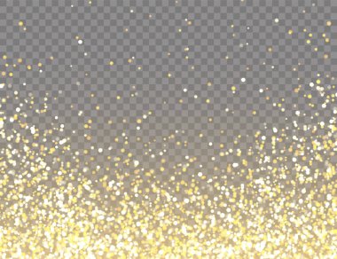 Şeffaf Vektör Arkaplanda Bokeh Işıkları ile Parlayan Altın Parıltı. Altın Kırıntılarıyla Düşen Parlak Konfeti. Noel ya da Yeni Yıl Kutlama Kartı İçin Parlayan Işık Efekti.