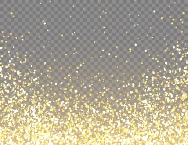 Paillettes dorées étincelantes avec lumières Bokeh sur fond vectoriel transparent. Confettis brillants tombants avec éclats d'or. Effet de lumière brillante pour la carte de voeux de Noël ou du Nouvel An. — Image vectorielle