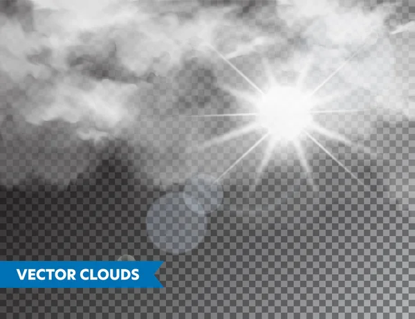 Nuvole realistiche con bagliore solare. Cloud isolato su sfondo trasparente. Sky Panorama. Elemento di progettazione vettoriale . — Vettoriale Stock