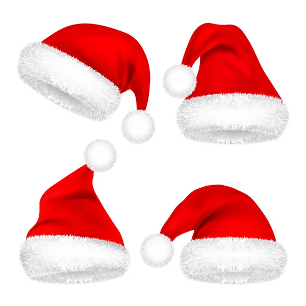 Navidad Santa Claus Sombreros con Set de Piel. Año Nuevo Sombrero Rojo aislado sobre fondo blanco. Gorra de invierno. Ilustración vectorial . — Archivo Imágenes Vectoriales