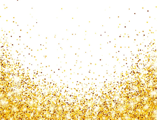 Błyszczący złoty brokat na tle Białego Wektora. Spadające błyszczące konfetti ze złotymi odłamkami. Lśnienie Efekt świetlny na Boże Narodzenie lub Nowy Rok kartka okolicznościowa. — Wektor stockowy