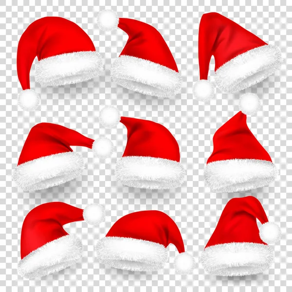 Navidad Santa Claus sombreros con piel y sombra conjunto. Año Nuevo Sombrero Rojo aislado sobre fondo transparente. Gorra de invierno. Ilustración vectorial . — Archivo Imágenes Vectoriales