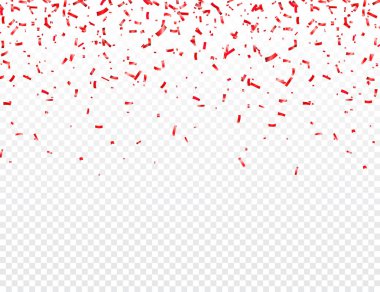 Noel, sevgililer günü şeffaf arka planda kırmızı konfeti. Parlak bir parıltı düşüyor. Parti tasarım elementleri.