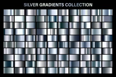 Gümüş parlak degrade, metal folyo doku. Renkli swatch seti. Yüksek kaliteli vektör gradyanlarının toplanması. Parlak metalik arka plan. Tasarım öğesi.