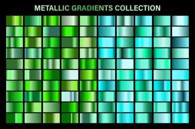 Yeşil, zümrüt parlak degrade, metal folyo doku. Renkli swatch seti. Yüksek kaliteli vektör gradyanlarının toplanması. Parlak metalik arka plan. Tasarım öğesi.