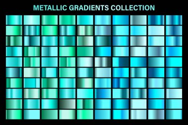 Mavi, masmavi parlak degrade, metal folyo doku. Renkli swatch seti. Yüksek kaliteli vektör gradyanlarının toplanması. Parlak metalik arka plan. Tasarım öğesi.
