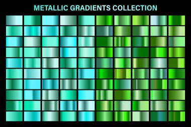 Yeşil, zümrüt parlak degrade, metal folyo doku. Renkli swatch seti. Yüksek kaliteli vektör gradyanlarının toplanması. Parlak metalik arka plan. Tasarım öğesi.