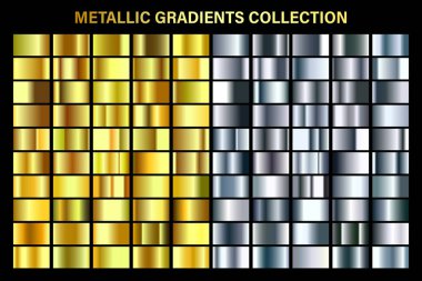 Gümüş ve altın, sarı parlak degrade, altın metal folyo doku. Renkli swatch seti. Yüksek kaliteli vektör gradyanlarının toplanması. Parlak metalik arka plan. Tasarım öğesi.