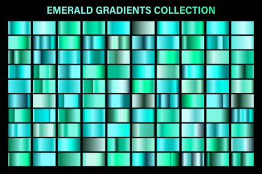 Yeşil, zümrüt parlak degrade, metal folyo doku. Renkli swatch seti. Yüksek kaliteli vektör gradyanlarının toplanması. Parlak metalik arka plan. Tasarım öğesi.