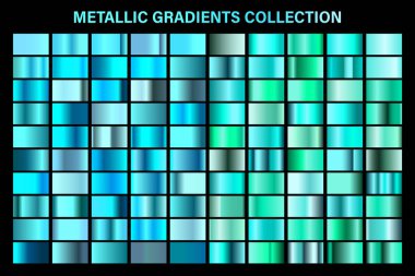 Mavi, masmavi parlak degrade, metal folyo doku. Renkli swatch seti. Yüksek kaliteli vektör gradyanlarının toplanması. Parlak metalik arka plan. Tasarım öğesi.
