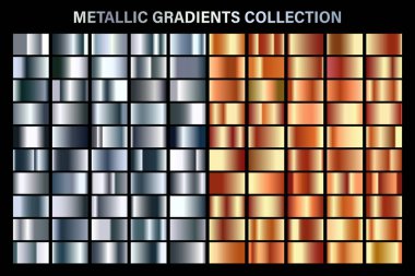 Gümüş ve turuncu bronz parlak degrade, metal folyo doku. Renkli swatch seti. Yüksek kaliteli vektör gradyanlarının toplanması. Parlak metalik arka plan. Tasarım öğesi.