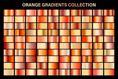 Turuncu parlak degrade, metal folyo doku. Renkli swatch seti. Yüksek kaliteli vektör gradyanlarının toplanması. Parlak metalik arka plan. Tasarım öğesi.
