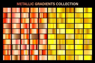 Altın, sarı ve turuncu bronz degrade, altın metal folyo doku. Renkli swatch seti. Yüksek kaliteli vektör gradyanlarının toplanması. Parlak metalik arka plan. Tasarım öğesi.