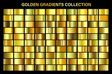 Altın, sarı parlak degrade, altın metal folyo doku. Renkli swatch seti. Yüksek kaliteli vektör gradyanlarının toplanması. Parlak metalik arka plan. Tasarım öğesi.