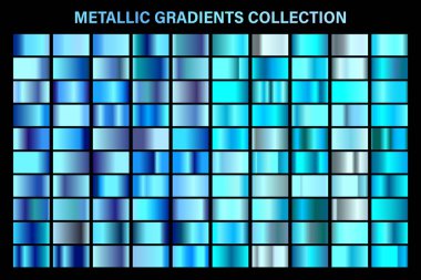 Mavi, masmavi parlak degrade, metal folyo doku. Renkli swatch seti. Yüksek kaliteli vektör gradyanlarının toplanması. Parlak metalik arka plan. Tasarım öğesi.