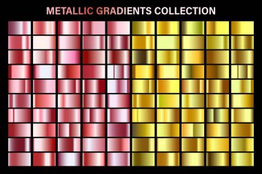 Gül altın ve altın, sarı parlak gradyan, metal folyo doku. Renkli swatch seti. Yüksek kaliteli vektör gradyanlarının toplanması. Parlak metalik arka plan. Tasarım öğesi.