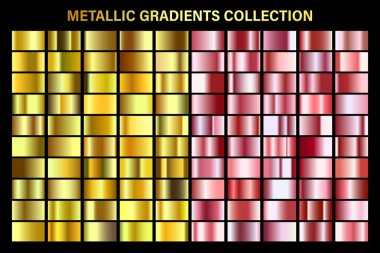 Gül altın ve altın, sarı parlak gradyan, metal folyo doku. Renkli swatch seti. Yüksek kaliteli vektör gradyanlarının toplanması. Parlak metalik arka plan. Tasarım öğesi.