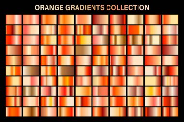 Turuncu parlak degrade, metal folyo doku. Renkli swatch seti. Yüksek kaliteli vektör gradyanlarının toplanması. Parlak metalik arka plan. Tasarım öğesi.