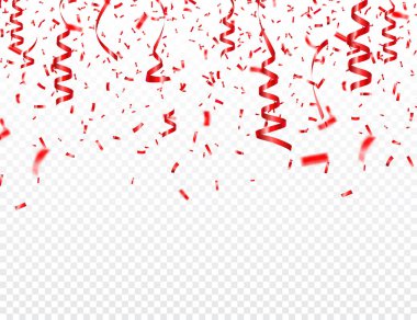 Noel, sevgililer günü kırmızı konfeti şeffaf arka planda kurdeleyle. Parlak bir parıltı düşüyor. Parti tasarım elementleri.