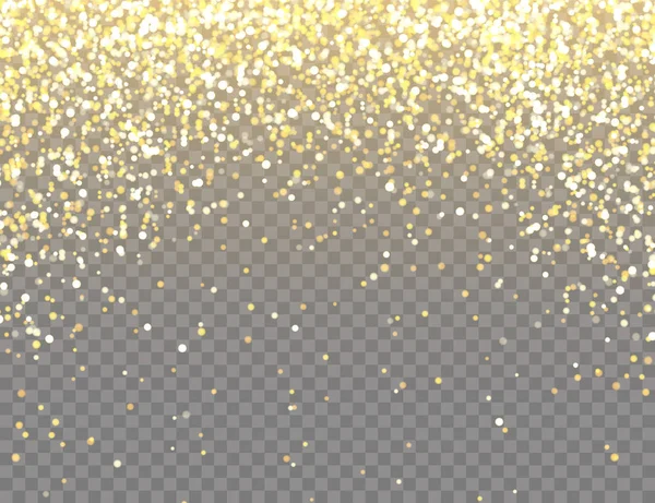 Şeffaf Vektör Arkaplanda Bokeh Işıkları ile Parlayan Altın Parıltı. Altın Kırıntılarıyla Düşen Parlak Konfeti. Noel ya da Yeni Yıl Kutlama Kartı İçin Parlayan Işık Efekti.