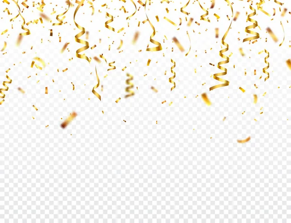 Confettis d'or de Noël avec ruban. Chute brillante paillettes de couleur or. Nouvel an, anniversaire, Saint Valentin élément design. Fond de vacances. — Image vectorielle