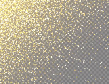 Şeffaf Vektör Arkaplanda Bokeh Işıkları ile Parlayan Altın Parıltı. Altın Kırıntılarıyla Düşen Parlak Konfeti. Noel ya da Yeni Yıl Kutlama Kartı İçin Parlayan Işık Efekti.