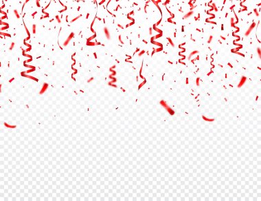 Noel, sevgililer günü kırmızı konfeti şeffaf arka planda kurdeleyle. Parlak bir parıltı düşüyor. Parti tasarım elementleri.