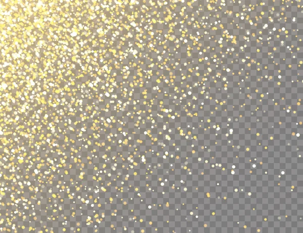 Glittrande Golden Glitter med Bokeh Lights på Transparent Vector bakgrund. Fallande Shiny Confetti med guldskärvor. Glänsande ljus effekt för jul eller nyår gratulationskort. — Stock vektor