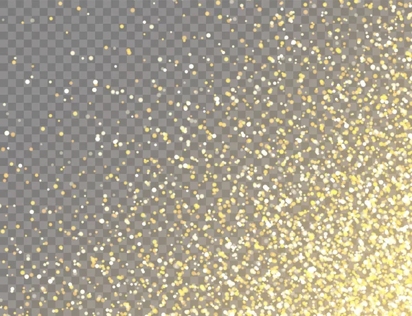 Glinsterende Gouden Glitter met Bokeh Lights op Transparant Vector Achtergrond. Vallende Glanzende Confetti met Gouden Scherven. Shining Light Effect voor Kerstmis of Nieuwjaar wenskaart. — Stockvector