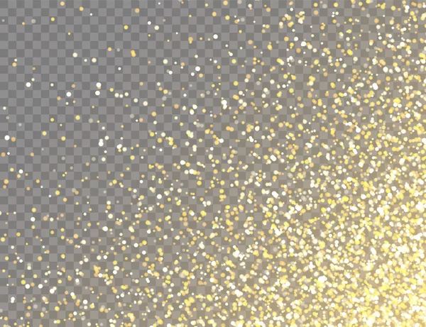 Glittrande Golden Glitter med Bokeh Lights på Transparent Vector bakgrund. Fallande Shiny Confetti med guldskärvor. Glänsande ljus effekt för jul eller nyår gratulationskort. — Stock vektor