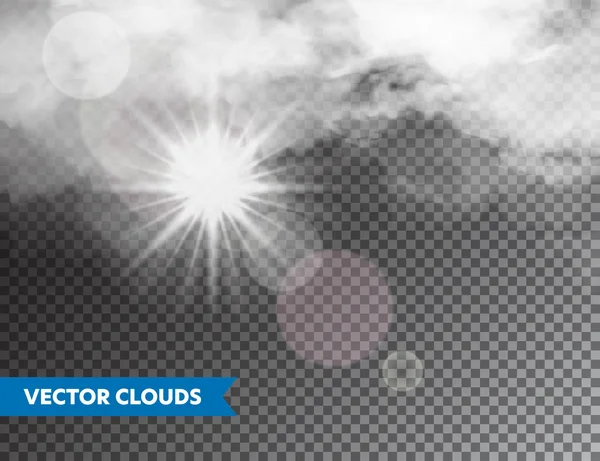 Realistische wolken met zon flare. Geïsoleerde wolk op transparante achtergrond. Sky panorama. Vector ontwerp element. — Stockvector