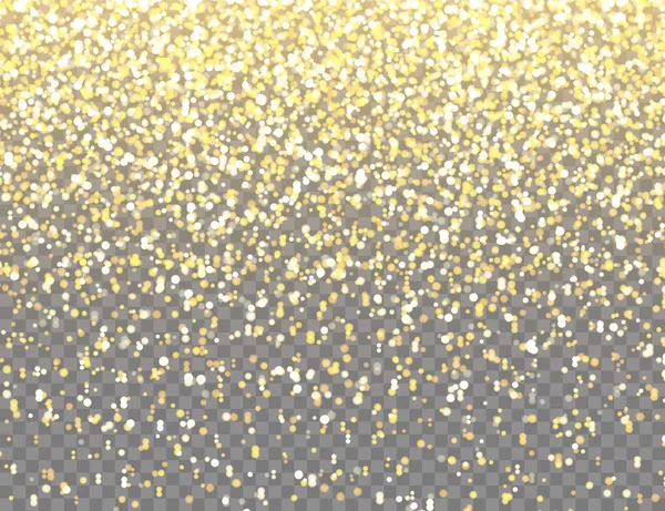 Jiskřivé zlaté třpyt s Bokeh Světla na průhledném vektorovém pozadí. Falling Shiny Confetti with Gold Shards. Zářící světelný efekt na vánoční nebo novoroční přání. — Stockový vektor