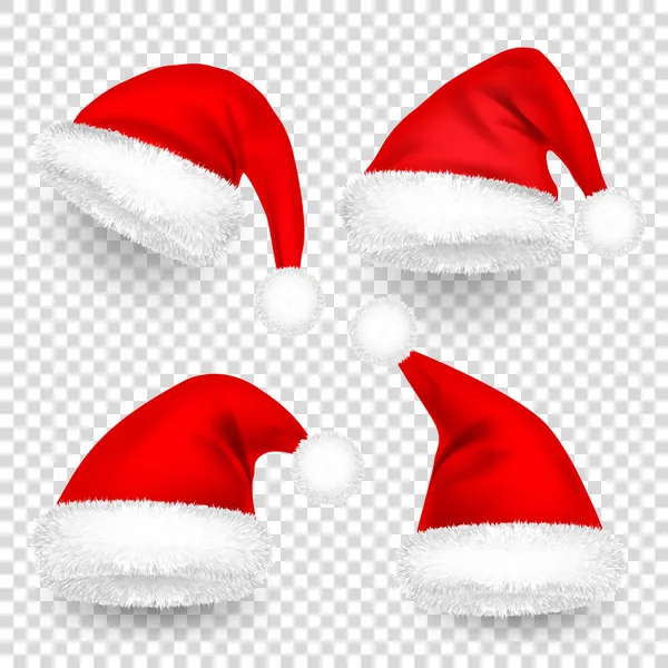 Navidad Santa Claus sombreros con piel y sombra conjunto. Año Nuevo Sombrero Rojo aislado sobre fondo transparente. Gorra de invierno. Ilustración vectorial . — Archivo Imágenes Vectoriales