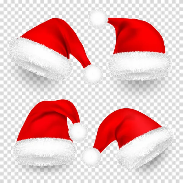 Chapeaux de Noël Père Noël avec fourrure et jeu d'ombre. Nouvel An Red Hat isolé sur fond transparent. Casquette d'hiver. Illustration vectorielle . — Image vectorielle