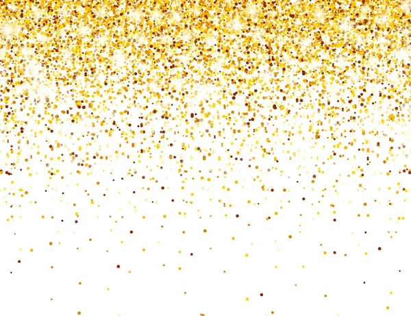 Glittrande gyllene glitter på vit vektor bakgrund. Fallande Shiny Confetti med guldskärvor. Glänsande ljus effekt för jul eller nyår gratulationskort. — Stock vektor