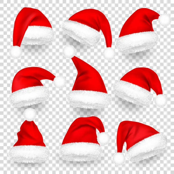 Natale Babbo Natale Cappelli con pelliccia e ombra Set. Capodanno Red Hat isolato su sfondo trasparente. Berretto invernale. Illustrazione vettoriale . — Vettoriale Stock