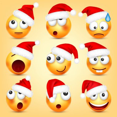 İfade vektör seti. Duyguları ve Noel şapkası ile sarı yüz. Yeni yıl, Noel Baba. Kış emojisi. Üzgün, mutlu, kızgın yüzler. Komik çizgi film karakteri ruh hali. 
