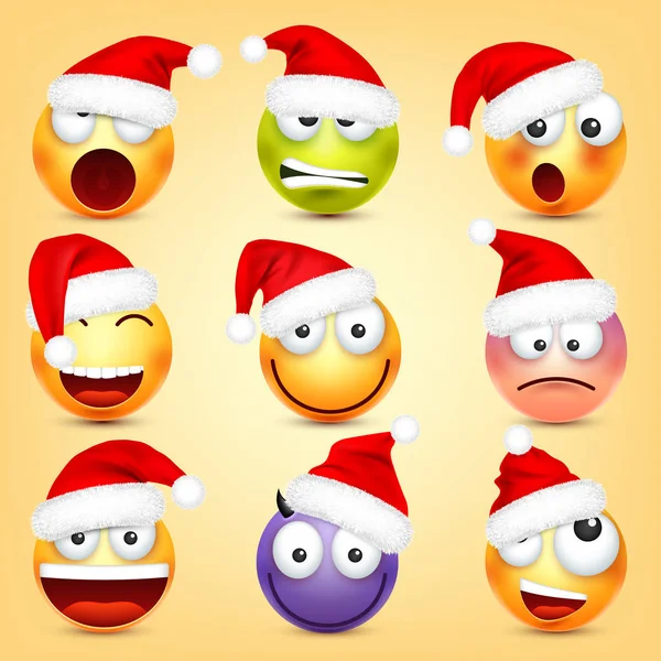 Emoticon vector set. Yellow face with emotions and Christmas hat. New Year, Santa. Winter emoji. Sad, happy, angry faces. Funny cartoon character mood.