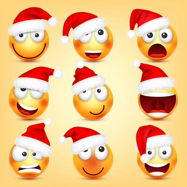 Emoticon-Vektorset. gelbes Gesicht mit Emotionen und Weihnachtsmütze. Neues Jahr, Weihnachtsmann. Winter-Emojis. traurige, glückliche, wütende Gesichter. Lustige Zeichentrickfigur-Stimmung. — Stockvektor