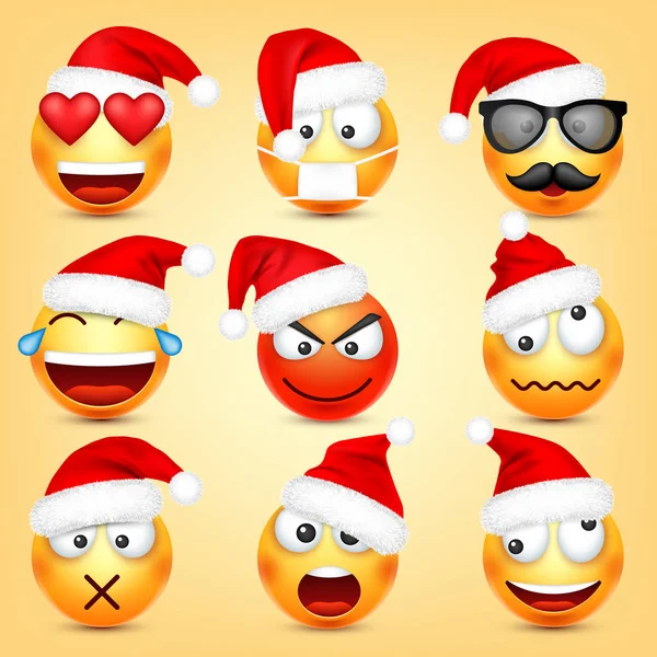 Conjunto de vectores emoticones. Cara amarilla con emociones y sombrero de Navidad. Año Nuevo, Santa. Emoji de invierno. Caras tristes, felices y enojadas. humor divertido personaje de dibujos animados . — Vector de stock