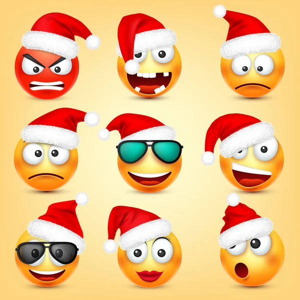 Emoticon vector set. Yellow face with emotions and Christmas hat. New Year, Santa. Winter emoji. Sad, happy, angry faces. Funny cartoon character mood.