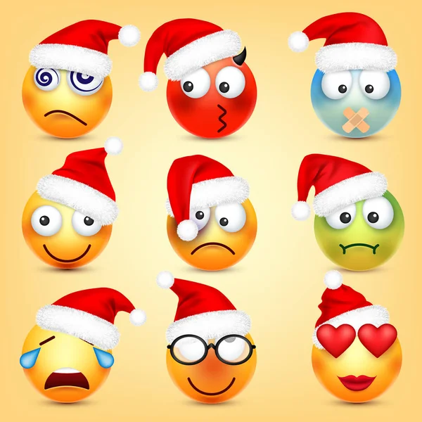 Emoticon vector set. Yellow face with emotions and Christmas hat. New Year, Santa. Winter emoji. Sad, happy, angry faces. Funny cartoon character mood.