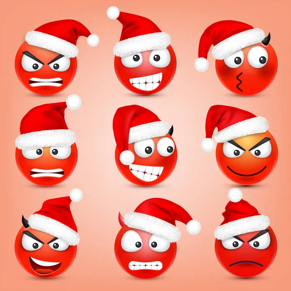 Emoticon vector set. Red face with emotions and Christmas hat. New Year, Santa. Winter emoji. Sad, happy, angry faces. Funny cartoon character mood.