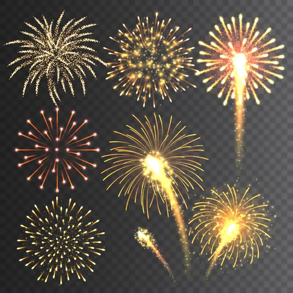 Ünnepi tűzijáték gyűjtemény. Reális színes tűzijáték átlátszó háttérrel. Többszínű robbanás. Karácsonyi vagy újévi üdvözlőlap elem. Vektoros illusztráció. — Stock Vector