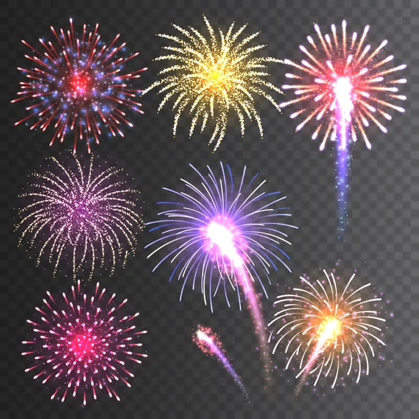 Ünnepi tűzijáték gyűjtemény. Reális színes tűzijáték átlátszó háttérrel. Többszínű robbanás. Karácsonyi vagy újévi üdvözlőlap elem. Vektoros illusztráció. — Stock Vector